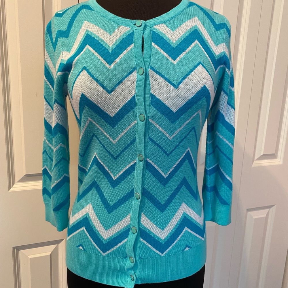 NY & Co Turquoise Chevron 3/4 Sleeve Lightweight Cardigan, Small